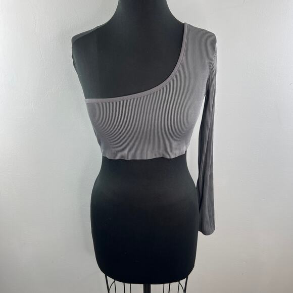 Maniere De Voir Gray Cropped Top Stretch Rib One Shoulder Pullover Top Size 12 - Picture 2 of 10